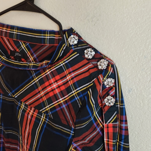 J. Crew Funnelneck Stewart Tartan Jeweled Long Sleeve Shirt Christmas Festive - Picture 6 of 8